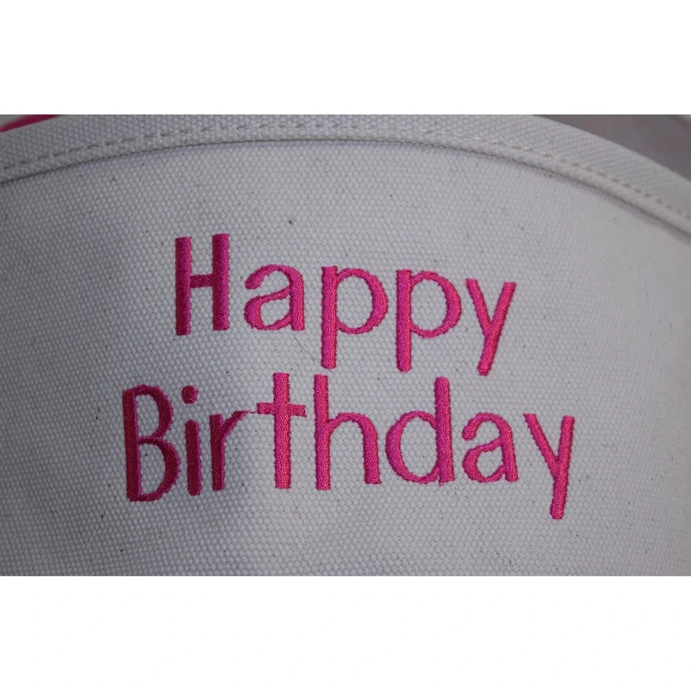 Lands End Happy Birthday HEAVY DUTY Canvas Bucket Bag White Embroidered Tote